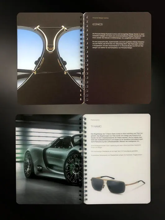Aufgeschlagene Broschüre für Porsche Design Eyewear